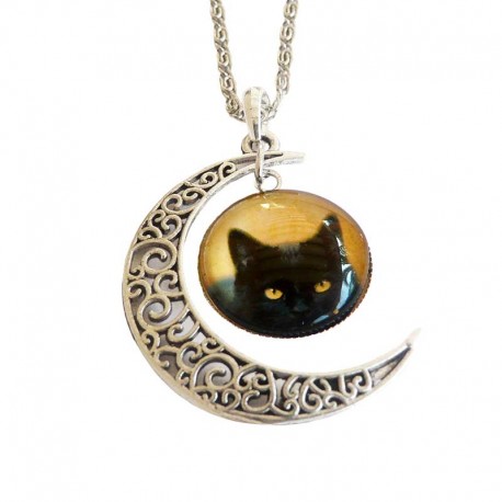 Cabochon Bijou fantaisie Chat Noir et Croissant de Lune