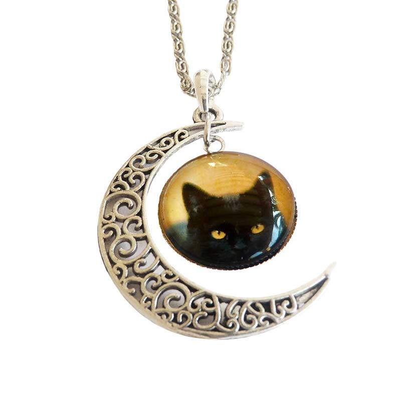Pendentif Chat Noir Et Lune Plaque Argent Cabochon Chat Pendentif Chat Noir Et Lune Plaque Argent Cabochon Chat