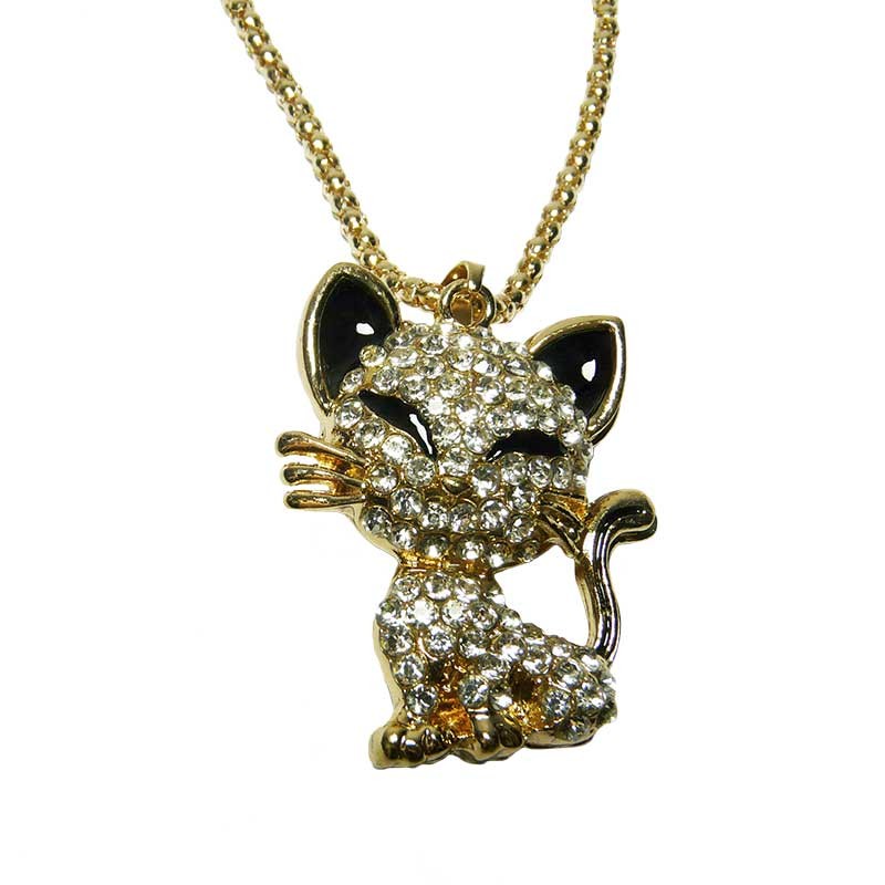 Collier Fantaisie Long Argenté Avec Pendentif Chat, Pierres Et Strass - Neuf Avec étiquette